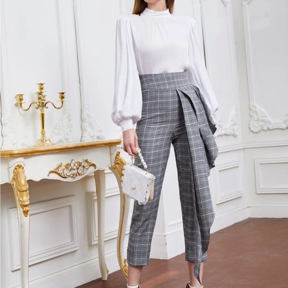 Avant Garde Asymmetrical Long Ruffle Gray Plaid Cropped Cuffed Pants S